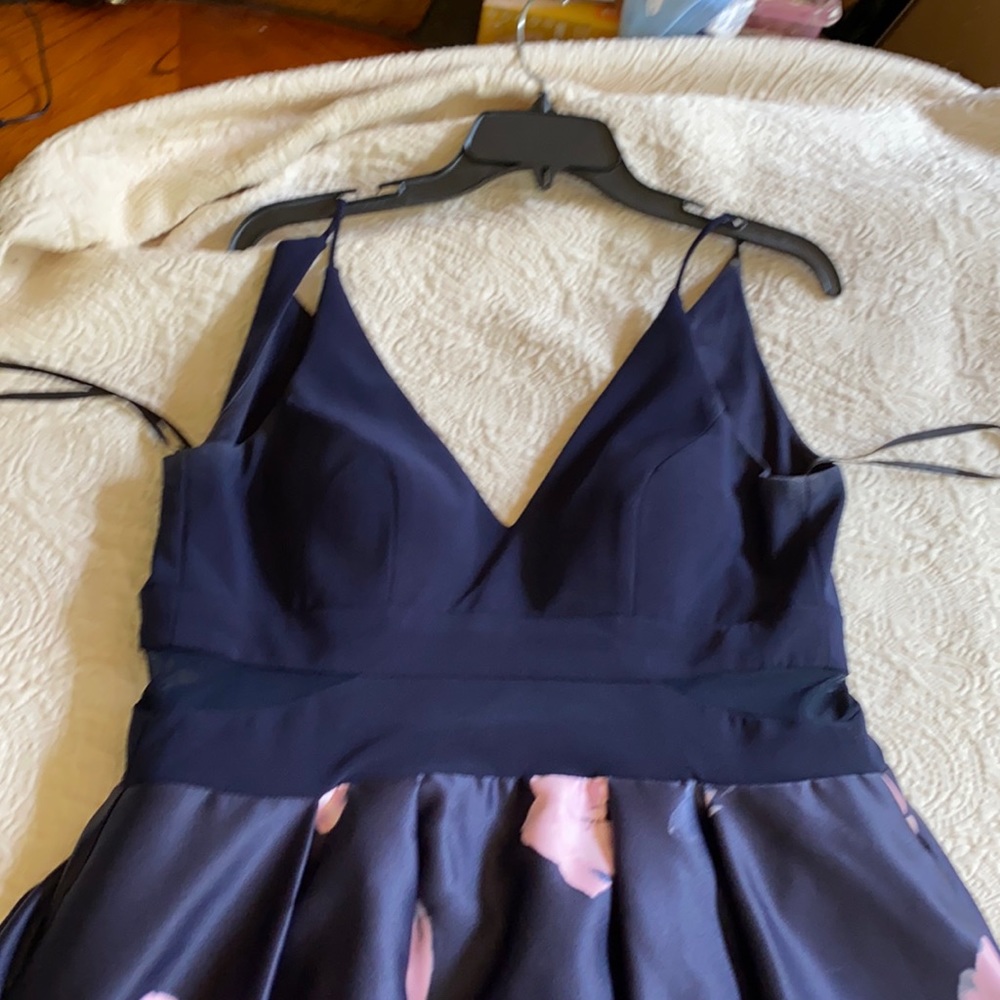 XScape Navy and Purple Flower Long Prom Dress